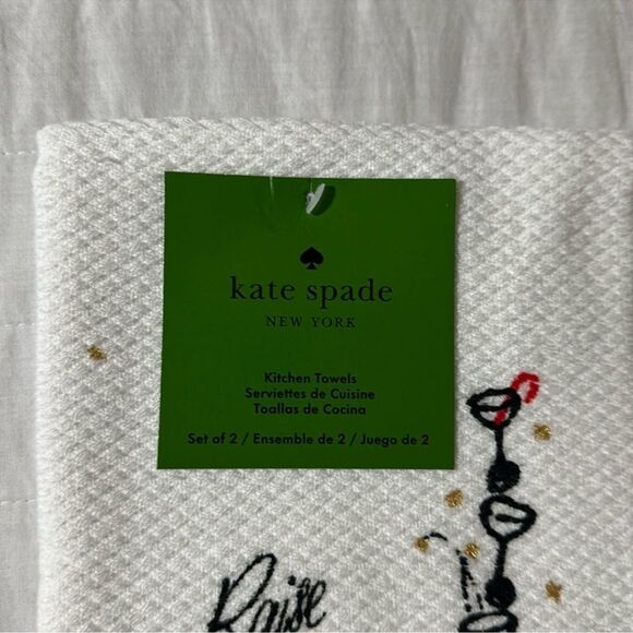 kate spade Jolly Santa Raise a Glass White Gold Red Cotton Kitchen 2 Towel Set - Picture 3 of 7